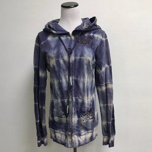 Free People blue purple tie dye embroidered zip hoodie sweatshirt L